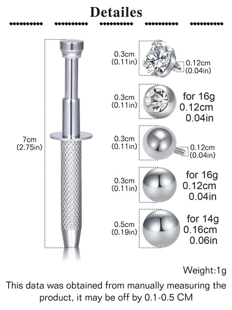 Diagram of Piercing Jewelry Ball Grabber Tool For 16G Piercings With Screw On Replacement Balls, showing measurements and materials.
