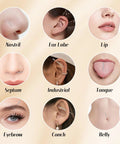 Various piercing locations shown for Piercing Taper Ball Grabber Kit Pro Grade, including nostril, ear lobe, lip, septum, and more.
