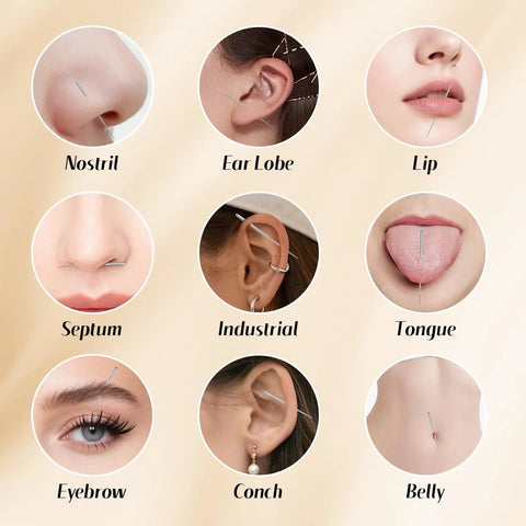 Various piercing locations shown for Piercing Taper Ball Grabber Kit Pro Grade, including nostril, ear lobe, lip, septum, and more.