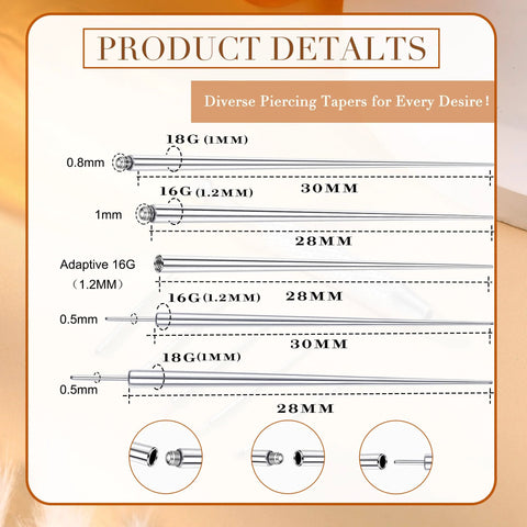 Diagram showing Piercing Taper Grabber Reacher Tool Set sizes for flat back earring insertion, 16G and 18G threadless stainless steel.