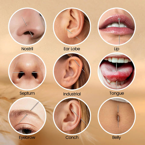 Variety of piercings including nostril, ear lobe, lip, septum, industrial, tongue, eyebrow, conch, belly using Piercing Taper Grabber Reacher Tool Set For Easy No Fuss Flat Back Earring Insertion 16G And 18G Stainless Steel Threadless Pin Kit Earring Applicator Body Piercing Tool Kit For Ear Nose Lip.