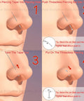 Diagram showing Piercing Tapers Set 14G 16G 18G 20G Stainless Steel Threadless Insertion for nose with steps for safe use.