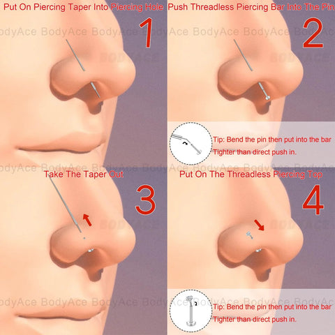 Diagram showing Piercing Tapers Set 14G 16G 18G 20G Stainless Steel Threadless Insertion for nose with steps for safe use.
