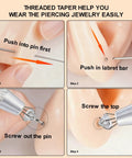 Step-by-step use of All In One Piercing Taper Kit With Ball Grabber Tool And 12Pcs Stainless Steel Flat Back Earrings Set.