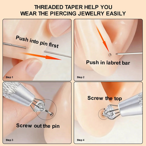 Step-by-step use of All In One Piercing Taper Kit With Ball Grabber Tool And 12Pcs Stainless Steel Flat Back Earrings Set.