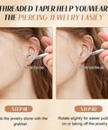 Piercing Taper Ball Grabber Kit Pro Grade For Easy Jewelry Swaps Stainless Steel, shows jewelry insertion with threadless guides.