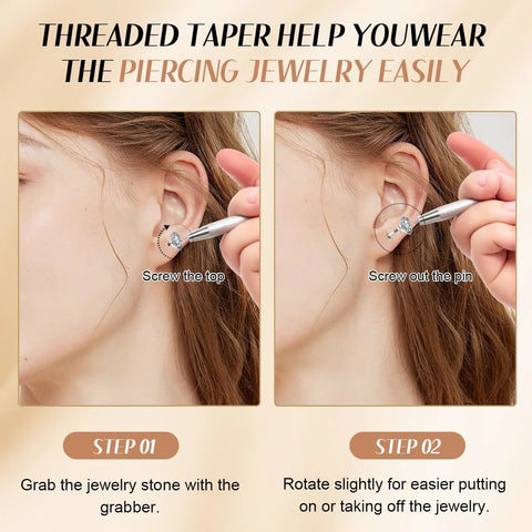 Piercing Taper Ball Grabber Kit Pro Grade For Easy Jewelry Swaps Stainless Steel, shows jewelry insertion with threadless guides.