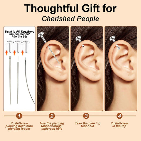 All In One Piercing Taper Kit With Ball Grabber Tool And 12Pcs Stainless Steel Flat Back Earrings Set For quick ear jewelry change.