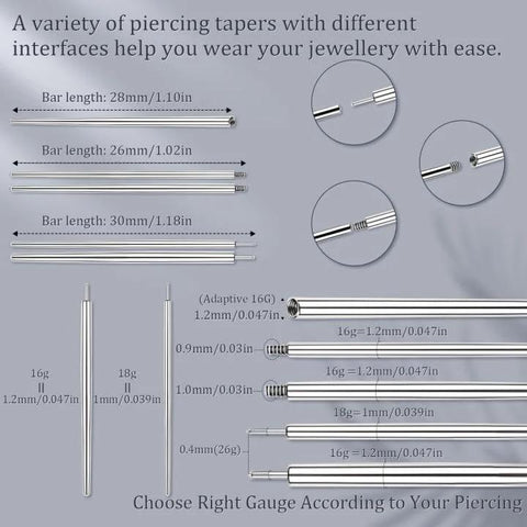 Diagram of a Piercing Taper Kit For Safe Threadless Insertion And Easy Jewelry Changes With 14G 16G 18G 20G Stainless Steel Tapers