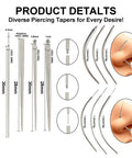 All In One Piercing Taper Kit With Ball Grabber Tool And 12Pcs Stainless Steel Flat Back Earrings Set for 14G-20G sizes