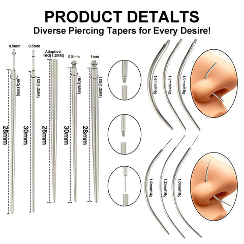 All In One Piercing Taper Kit With Ball Grabber Tool And 12Pcs Stainless Steel Flat Back Earrings Set for 14G-20G sizes