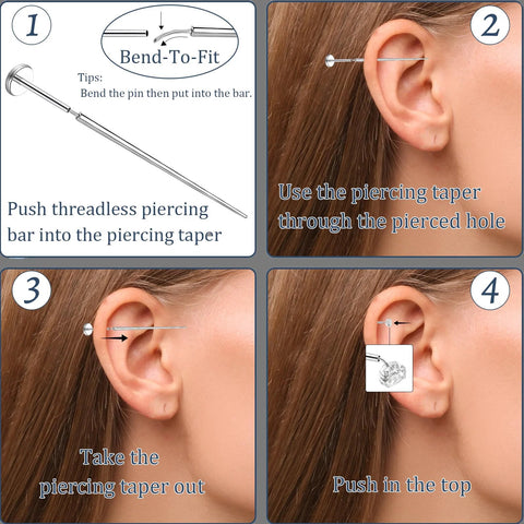 Step-by-step guide using Piercing Taper Kit For Safe Threadless Insertion And Easy Jewelry Changes for ear with 14G-20G stainless steel.