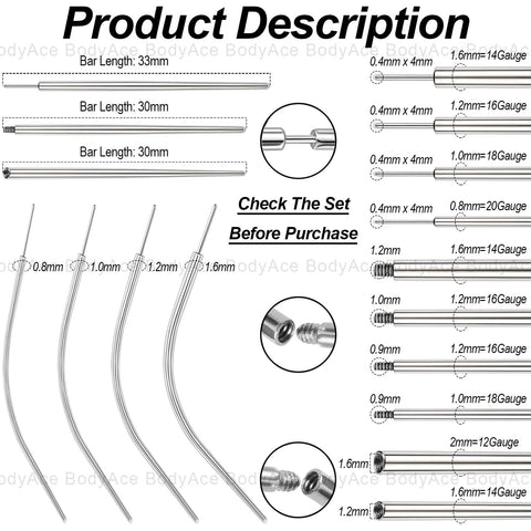 Diagram of Piercing Tapers Set 14G 16G 18G 20G Stainless Steel Threadless Insertion Pin Screws Curved Stretching Kit for Ear Nose Navel