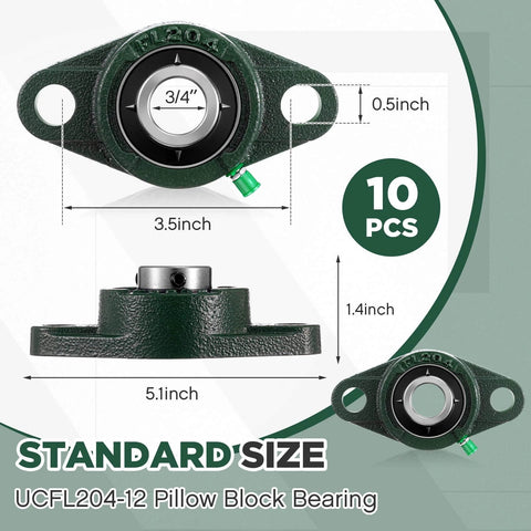 10 Pack UCFL204-12 Pillow Block Bearing 3/4 in Bore Shaft Flange Mount Ball Bearing Unit 2-Bolt image showing measurements and product design.
