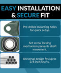 Diagram of heavy duty pillow block bearing features, flange mount, pre-drilled holes, set screw lock, fits 3/8 inch shafts, industrial use.
