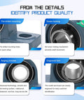Close-up details of Two Pack UCP205-16 Mounted Pillow Block Bearing Set components focusing on pre-drilled mounting, screw locking, and engraving.