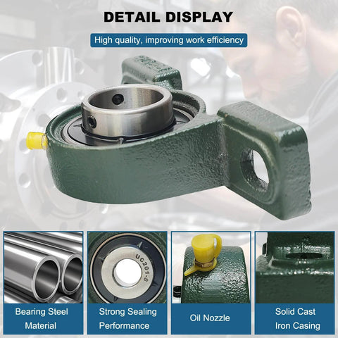 Close-up of 4 Pack UCP205-16 Pillow Block Mounted Ball Bearing - 1" Bore - Solid Cast Iron Base - Self Aligning, with detail display.