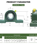 Diagram showing dimensions of 2 Pack UCP205-16 Pillow Block Mounted Ball Bearing - 1" Bore - Solid Cast Iron Base - Self Aligning