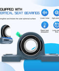 Two Pack UCP205-16 Mounted Pillow Block Bearing Set, 1 Inch Shafts, showing close-up of chrome steel bearing with vertical seat
