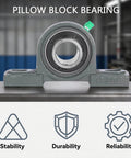 Front view of 4 Pack UCP205-16 Mounted Pillow Block Ball Bearing, Bearing Steel Bearings 1" Bore on display with stability icons.