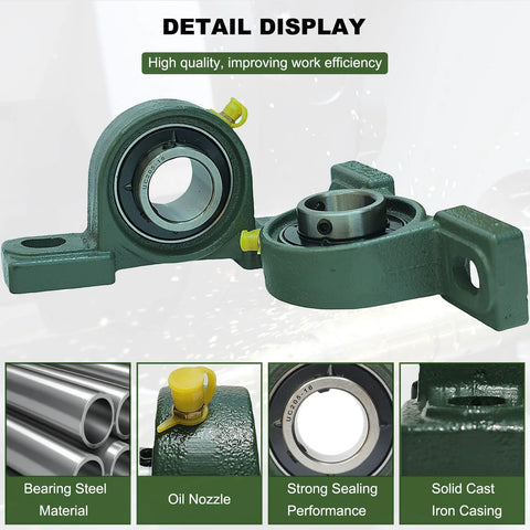 2 Pack UCP205-16 Pillow Block Mounted Ball Bearing - 1" Bore - Solid Cast Iron Base - Self Aligning, detail view of materials and features