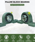 2 Pack UCP205-16 Pillow Block Mounted Ball Bearing - 1" Bore - Solid Cast Iron Base - Self Aligning shown with icons and features.