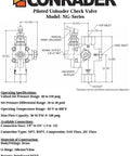 Technical diagram of a Conrader NG-Series Piloted Unloader Check Valve, with detailed measurements and specifications.