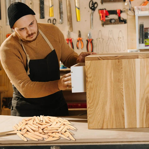 Man installing drawer with Premium Solid Pine Pocket Hole Plugs Pack Of One Hundred Twenty Pieces Three Eighth Inch Diameter For Screw Holes And Pocket Hole Jigs Woodworking For Diyers And Pros With A Smooth Conical Design For A Clean Seamless And Durable Finish on table.