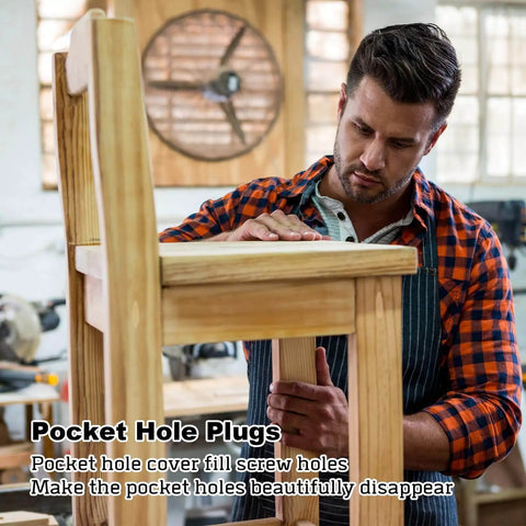 Premium Solid Pine Pocket Hole Plugs Pack Of One Hundred Twenty Pieces Three Eighth Inch Diameter used on wooden chair