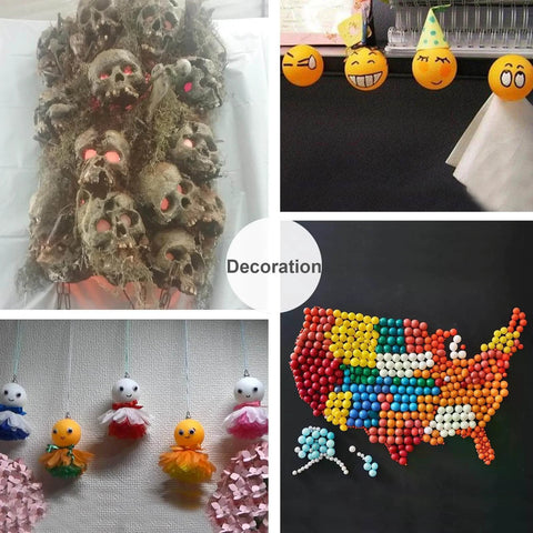Creative decorations using colored ping pong balls, including skulls, emoji faces, hanging ornaments, and USA map made from balls.