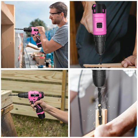 Collage of Pink 12V Cordless Drill Kit With 151-Piece Tool Set in use for various DIY tasks, showing ergonomic design and LED drill.