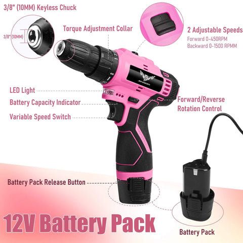 Pink 12V Cordless Drill Kit With 151-Piece Tool Set LED Drill Rechargeable Battery Ergonomic Design