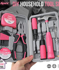 Open pink 13-piece starter tool kit in a portable case for college dorm, home and office DIY, essential household repair tools for quick fixes.