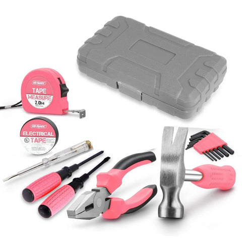 Pink 13 Piece Tool Set For Women Portable Mini Toolkit For College Dorms Homes And Office Starter Toolbox with carry case and tools