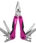 Pink 14-In-1 Aluminum Multi-Tool With Stainless Steel Tools open showing pliers and blades, ideal for DIY, camping, home use.