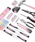 Displayed tools from Pink 142-Piece Household Tool Kit With Storage Case, including hammer, scissors, level, and screwdrivers for home repairs.