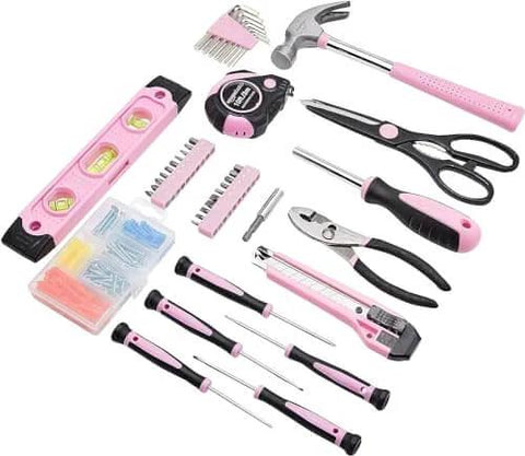 Displayed tools from Pink 142-Piece Household Tool Kit With Storage Case, including hammer, scissors, level, and screwdrivers for home repairs.