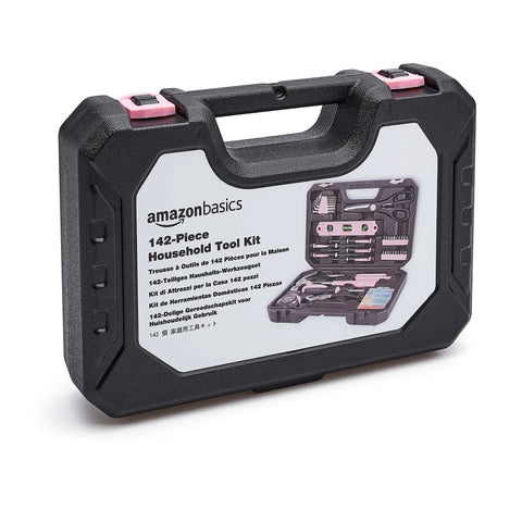 Pink 142-Piece Household Tool Kit With Storage Case for Home Repairs and DIY Projects in closed black case