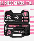 Pink 144 Piece Home Tool Kit Set With Plastic Toolbox showing hammers, screwdrivers, pliers, and other tools organized in a black case.