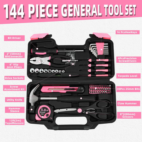 Pink 144 Piece Home Tool Kit Set With Plastic Toolbox showing hammers, screwdrivers, pliers, and other tools organized in a black case.