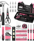 Pink 144 Piece Home Tool Kit Set With Plastic Toolbox for Dorms, Includes hammer, screwdrivers, pliers, and basic tools.