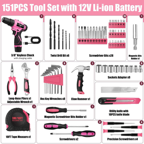 Pink 12V Cordless Drill Kit with 151-piece tool set including drill bits, pliers, wrenches, and more for DIY homeowners and projects.