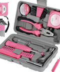 Open pink tool kit with hammer, pliers, and screwdrivers; Pink 24 Piece Diy Tool Kit For Women Compact Mini Tool Box Set.