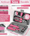 Open compact case of Pink 24 Piece Diy Tool Kit For Women with pliers, hammer, screwdrivers, and more essential tools for home projects.