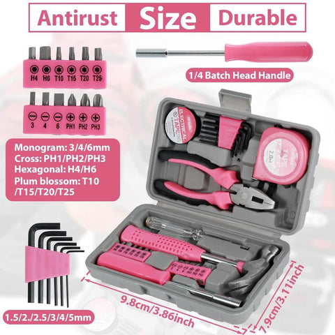 Open compact case of Pink 24 Piece Diy Tool Kit For Women with pliers, hammer, screwdrivers, and more essential tools for home projects.