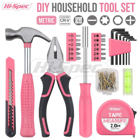 Pink 25 Piece Women DIY Tool Kit Set In Compact Mini Toolbox For Beginners Home Repairs with hammer, pliers, and screwdriver