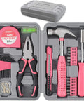 Open Pink 25 Piece Women DIY Tool Kit Set In Compact Mini Toolbox For Beginners Home Repairs showing tools inside