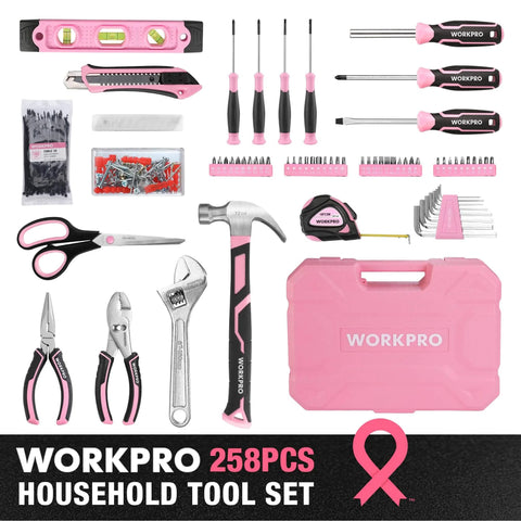 Pink 258 Piece Tool Kit For Women With Hammer And Screwdrivers Portable Home Repair Set in case