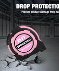 Front view of 25 ft WORKPRO tape measure with pink casing and rubber protection, highlighting drop protection and easy use.
