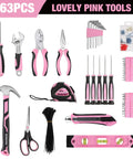 Pink 263-Piece Home Repair Tool Kit With Wide Mouth Storage Bag For DIY Projects And Breast Cancer Awareness Ribbon displayed